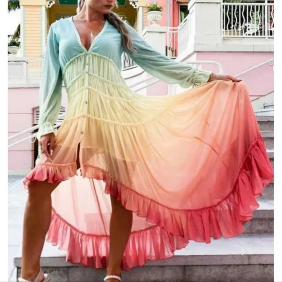 Boho Rainbow High Low Maxi Dress - Picture 3 of 14